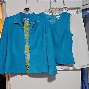 Le Suit Blue Three-Piece Suit Set Includes Scarf White Skirt Sz 10 Fully Lined